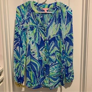 Lilly Pulitzer Elsa Leaf Tropical Silk Blouse Blue Green Tunic Shirt Top